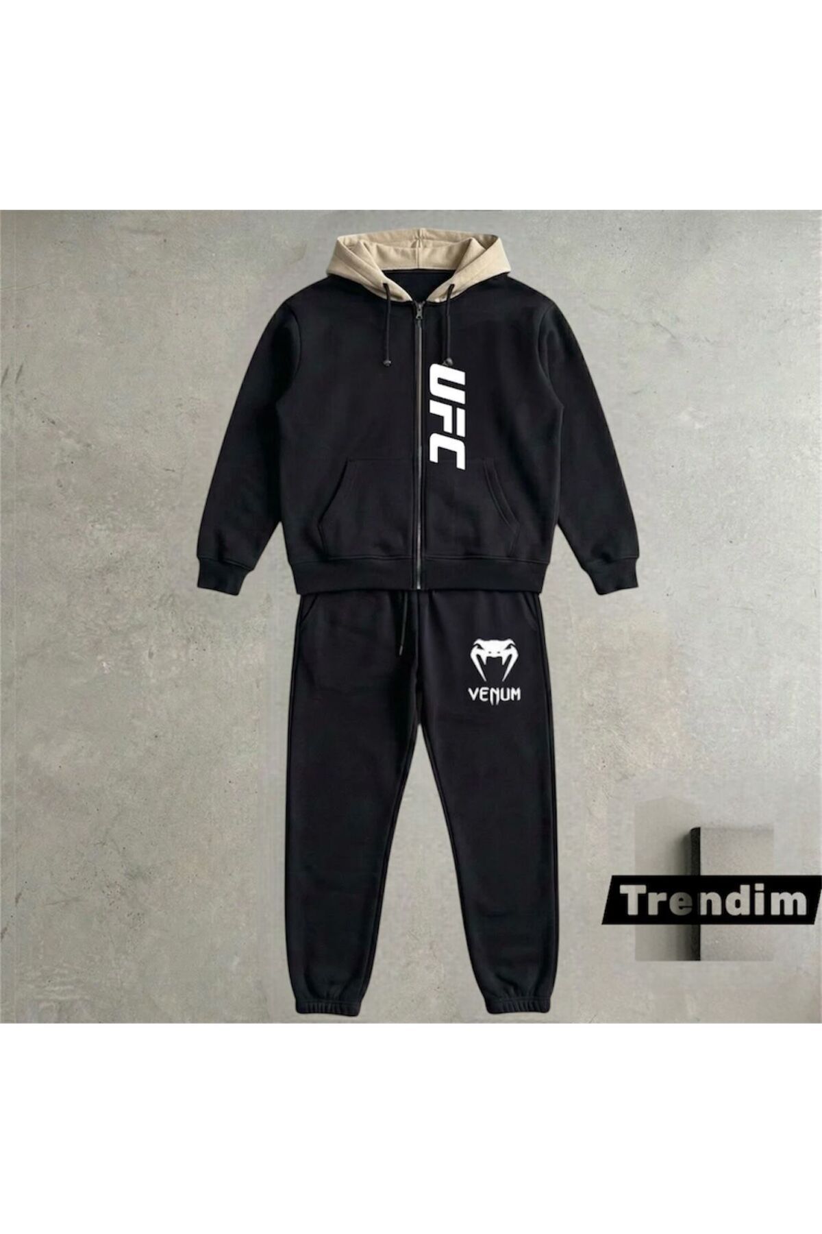 UFC & Venum Erkek Eşofman Takımı Kapüşonlu Fermuarlı Çift Renk Premium Spor Kombin ve Günlük Giyim — مشکی ufcvaryant2 — تصویر 5 از 5