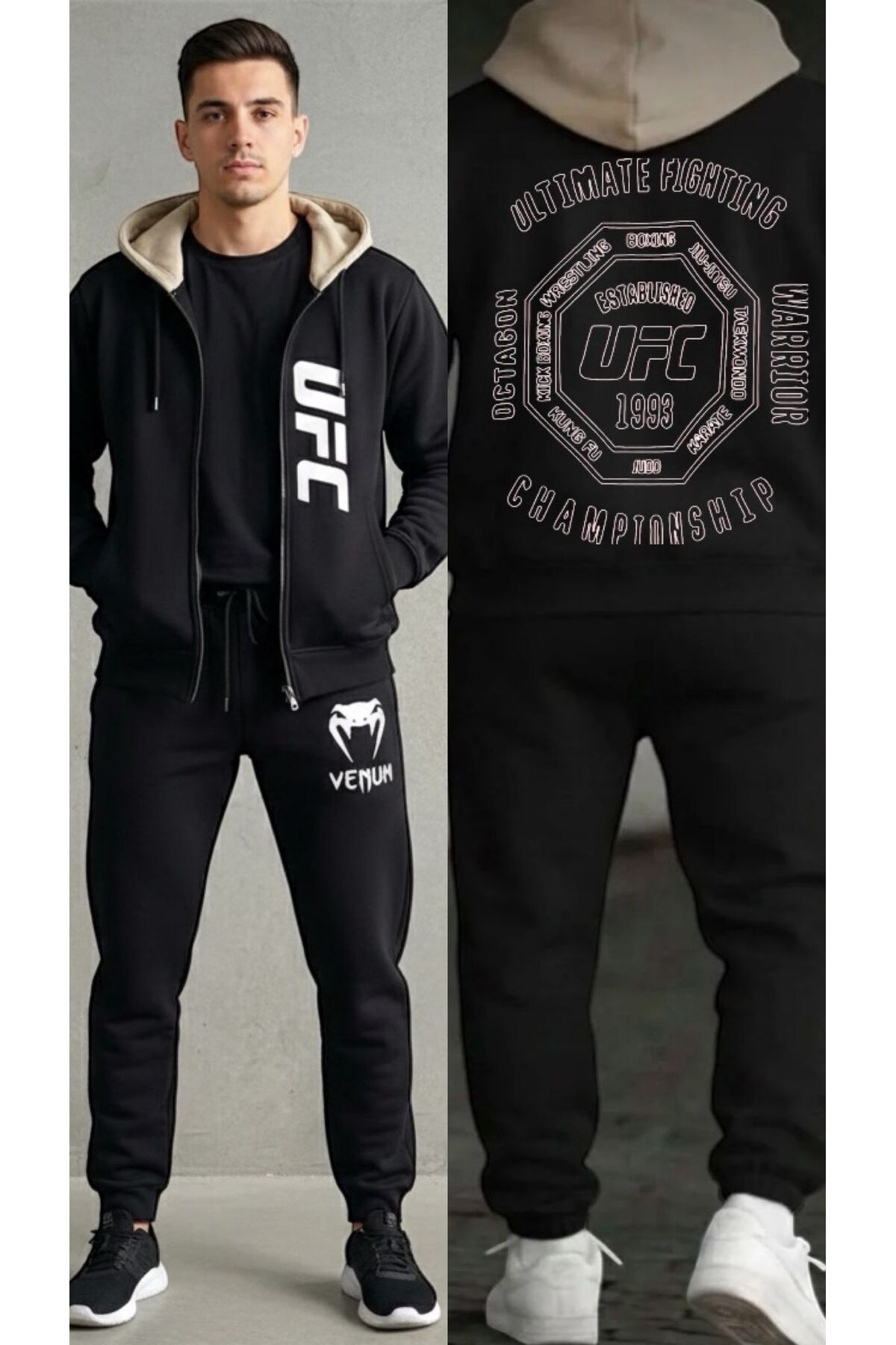 UFC & Venum Erkek Eşofman Takımı Kapüşonlu Fermuarlı Çift Renk Premium Spor Kombin ve Günlük Giyim — مشکی ufcvaryant2