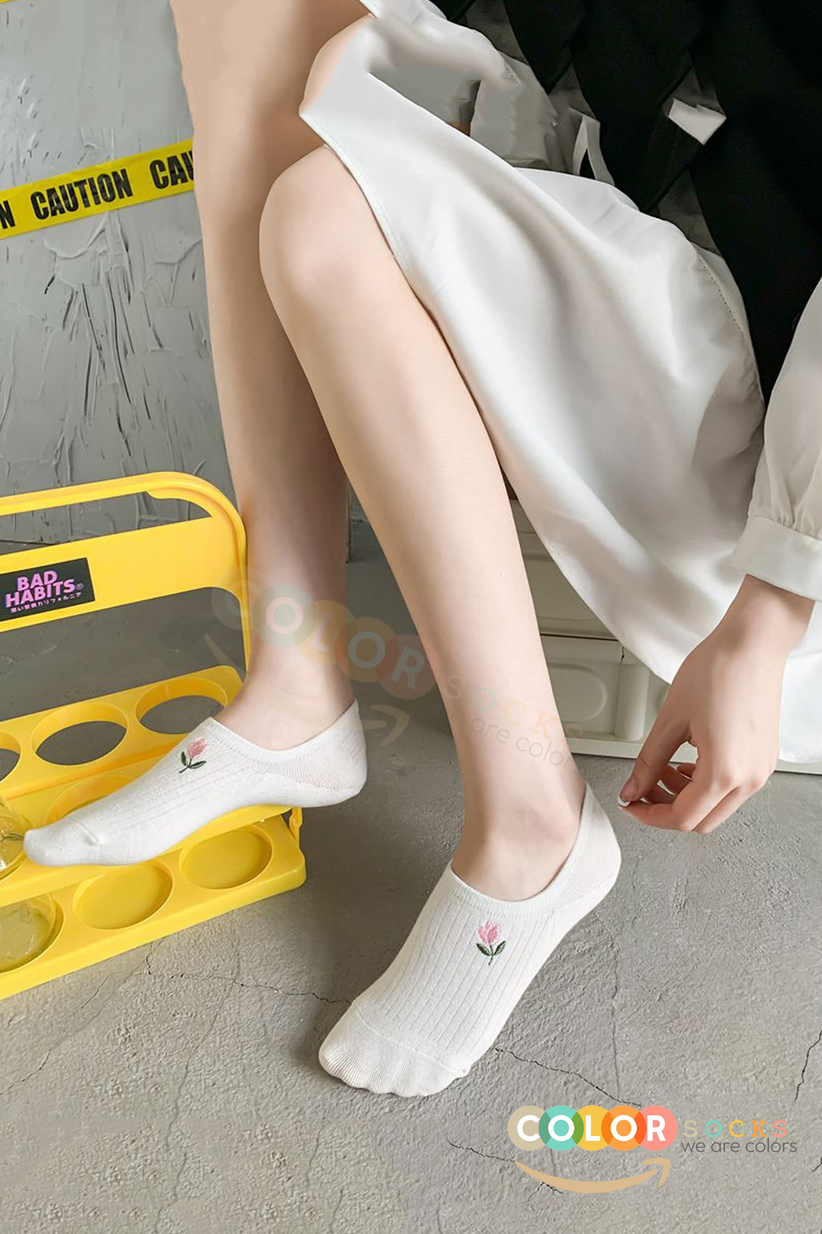 Color Socks 10'lu Ekru İlkbahar - Yaz Desenli Kadın Görünmez Babet Çorap (Extra Soft) görsel 5