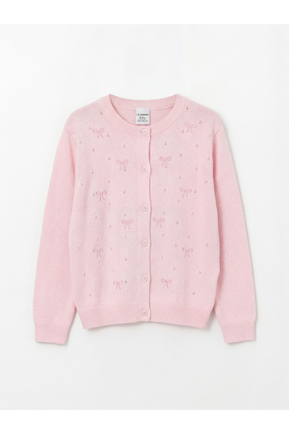 LC Waikiki Pembe Bisiklet Yaka Fiyonk Nakışlı Kız Çocuk Triko Hırka fotoğrafı 2 (önizleme)