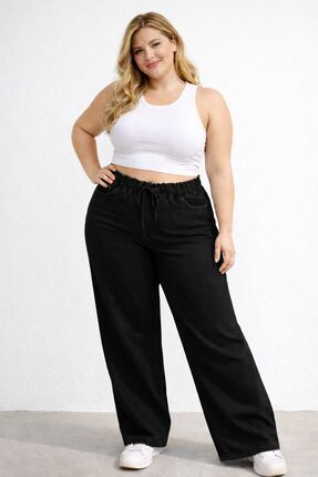 nd jeans Yeni Sezon-Yüksek Bel Lastikli Siyah Wide Leg Pantolon - Esnek ve Ra...