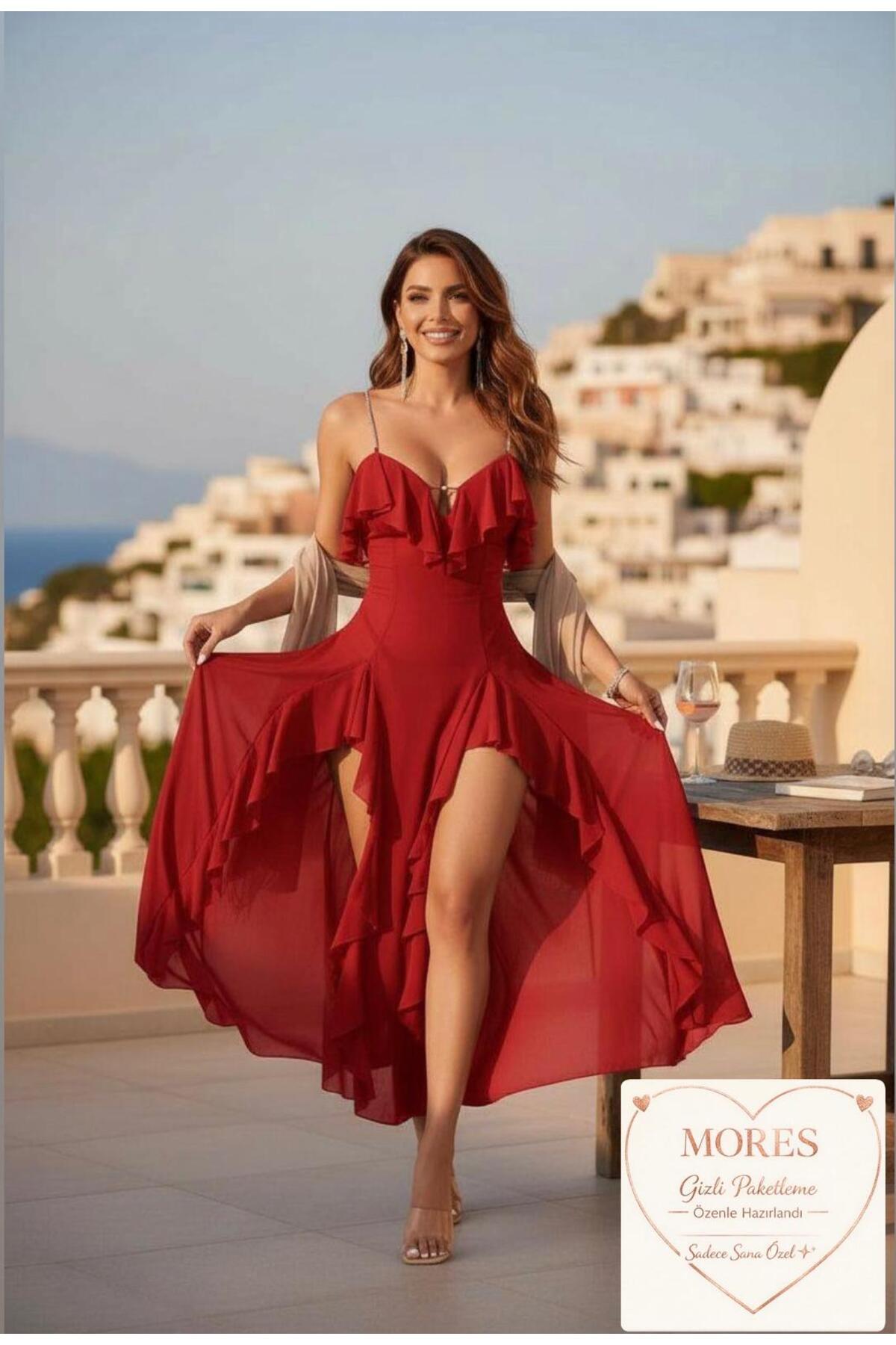 Mores Kırmızı Volanlı Askılı Gecelik – Şık ve Seksi Uzun Tasarım