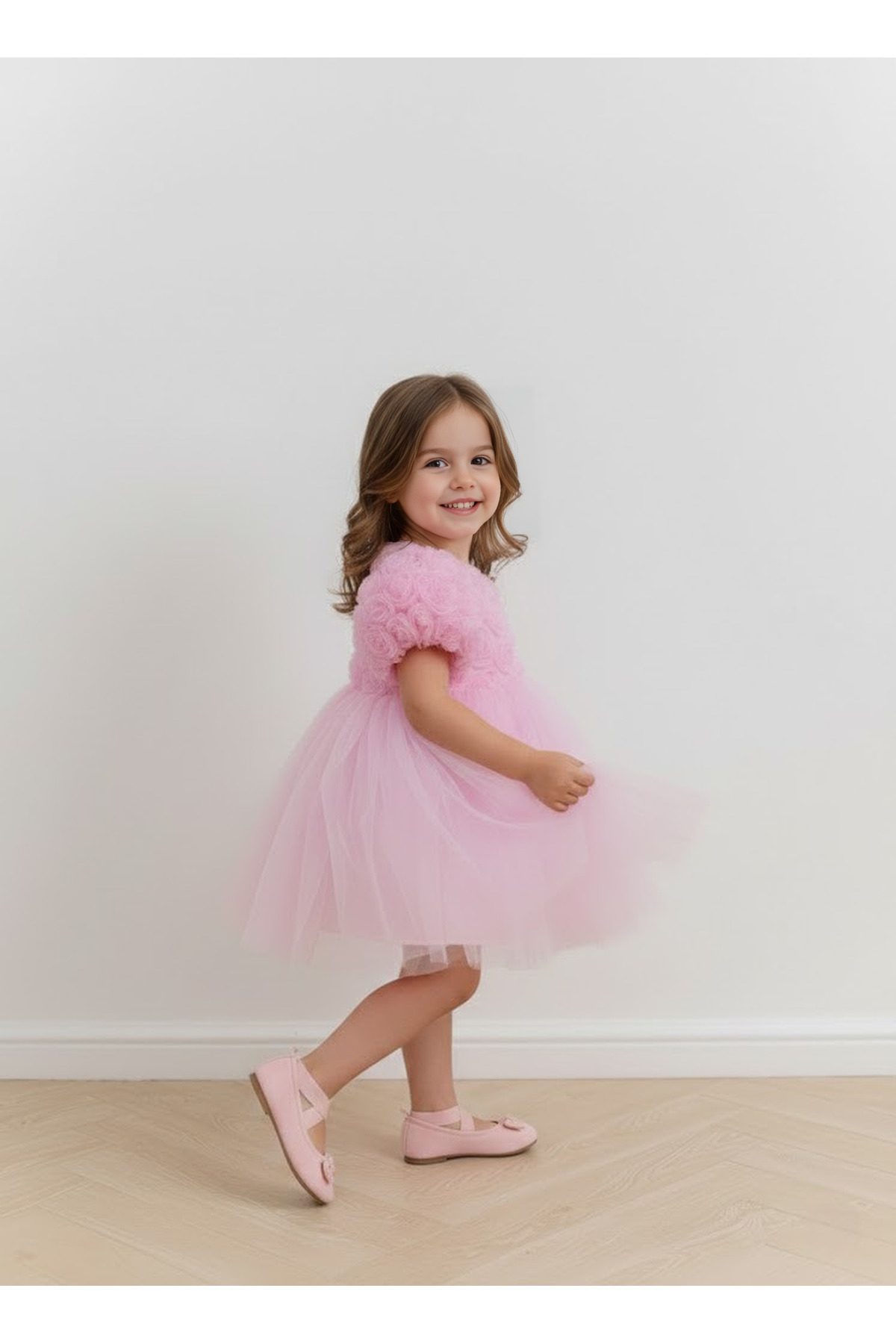 FURYATEX Kız Çocuk Çiçekli Tül Prenses Elbise – 3D Gül Aplikeli Doğum Günü Özel Gün Parti Elbisesi fotoğrafı 2 (önizleme)