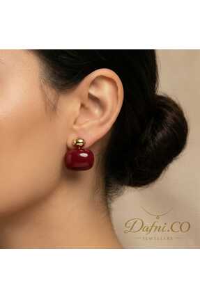 Dafni.CO Jewellery Bordo Altın Renk Detaylı Vintage Retro Parlak Küpe