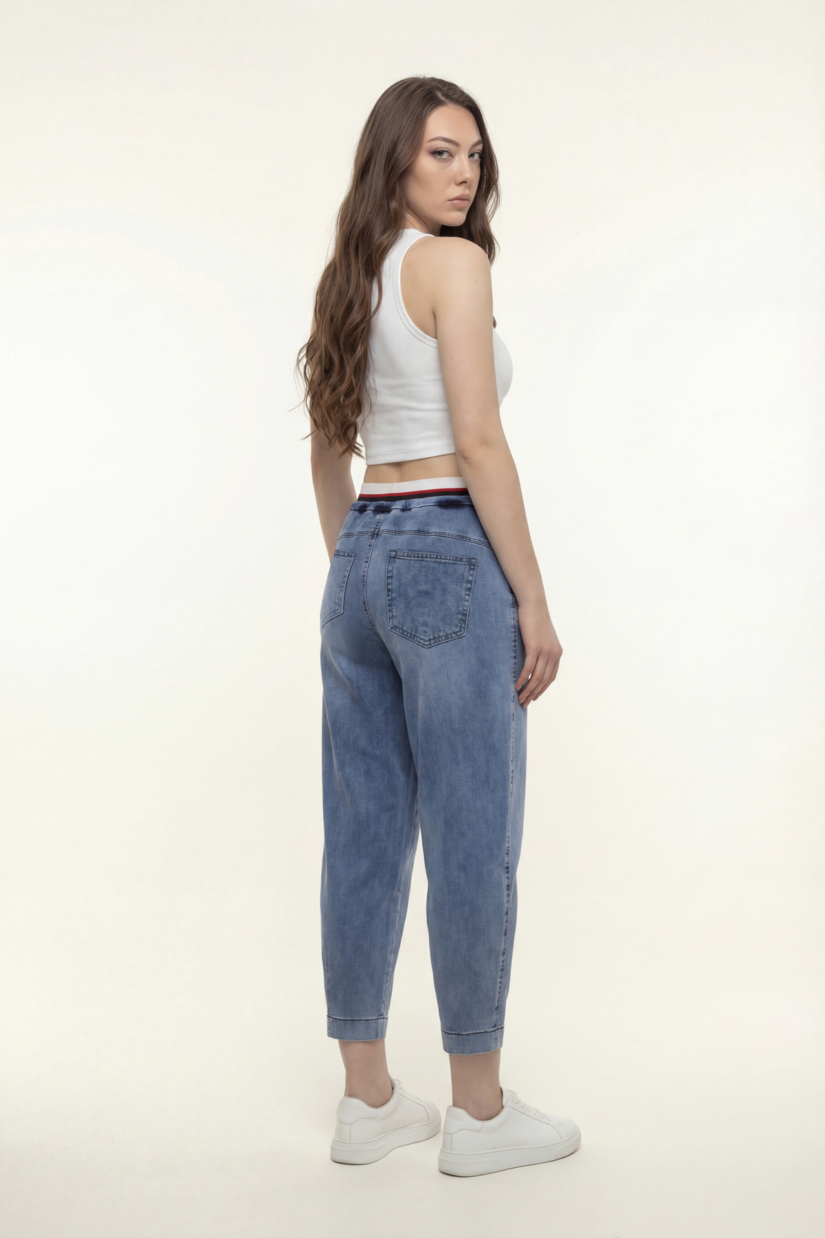 EXİTLİNE  Kadın Lacivert Sezonluk Beli Ribanalı Ve Lastikli Aksesaurlı Baggy Denim Pantolon - Görsel 5