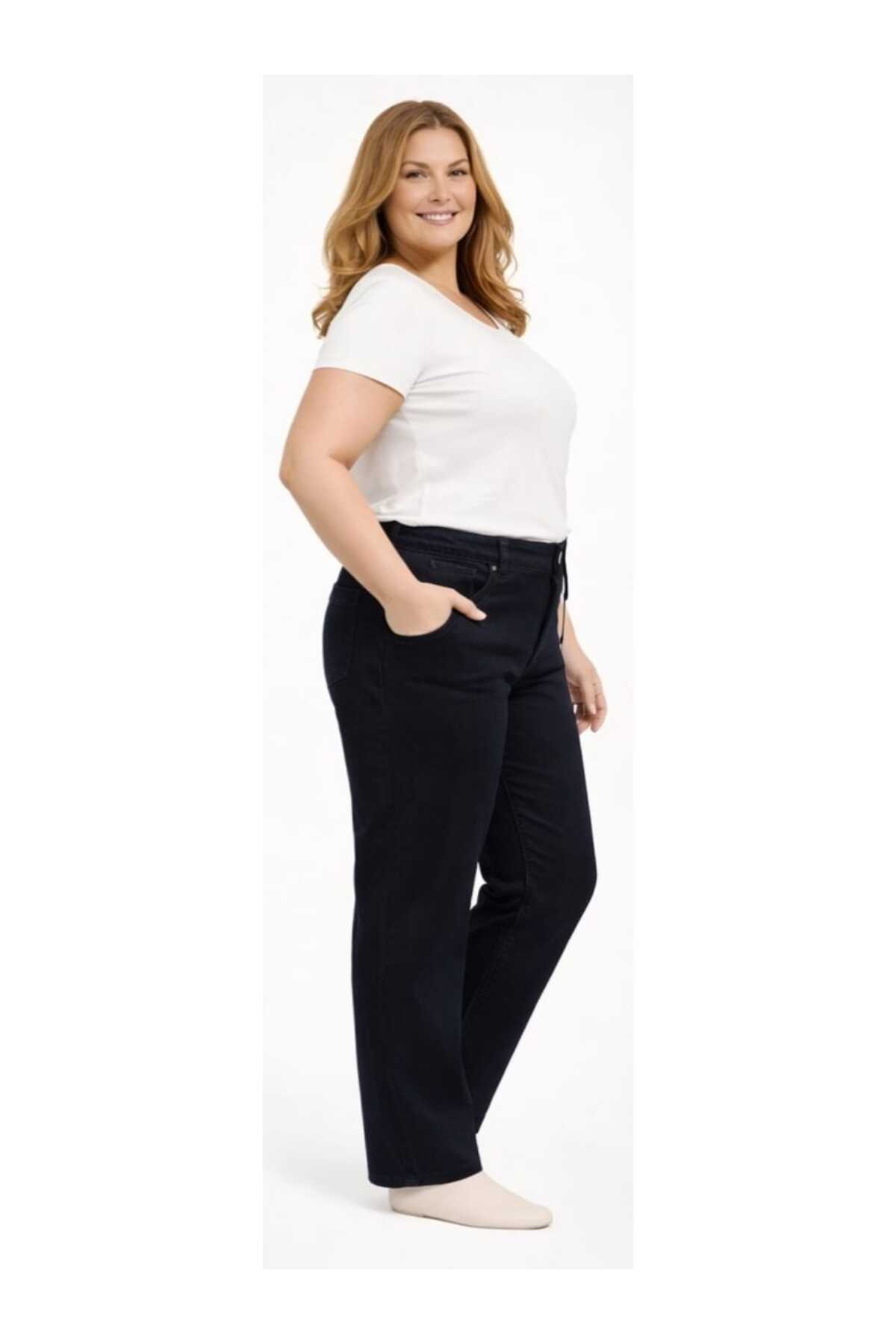 BİrHoşButik BÜYÜK BEDEN FULL LİKRALI BELİ LASTİKLİ SEZONLUK DÜĞMELİ TREND RAHAT YÜKSEK BEL CEPLİ KOT PANTOLON görsel 7
