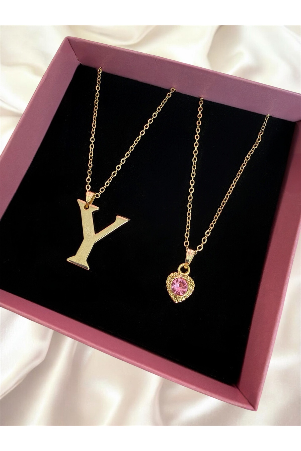 Gold Color Steel Y Letter Pink Heart 2 Pieces Combination Letter Necklace