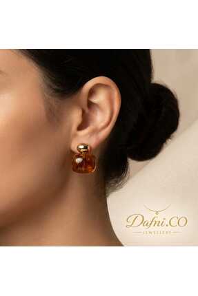 Dafni.CO Jewellery Altın Renkli Kehribar Görünümlü Zarif Küpe