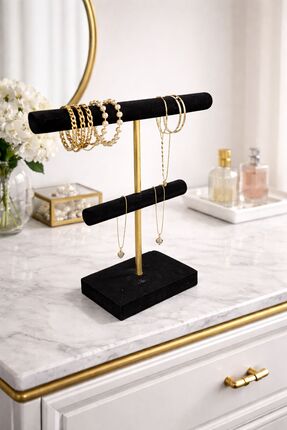 MikroEv Premium Kadife Takı Standı Organizer – Şifonyer Üstü Kolye Küpe Askılığı