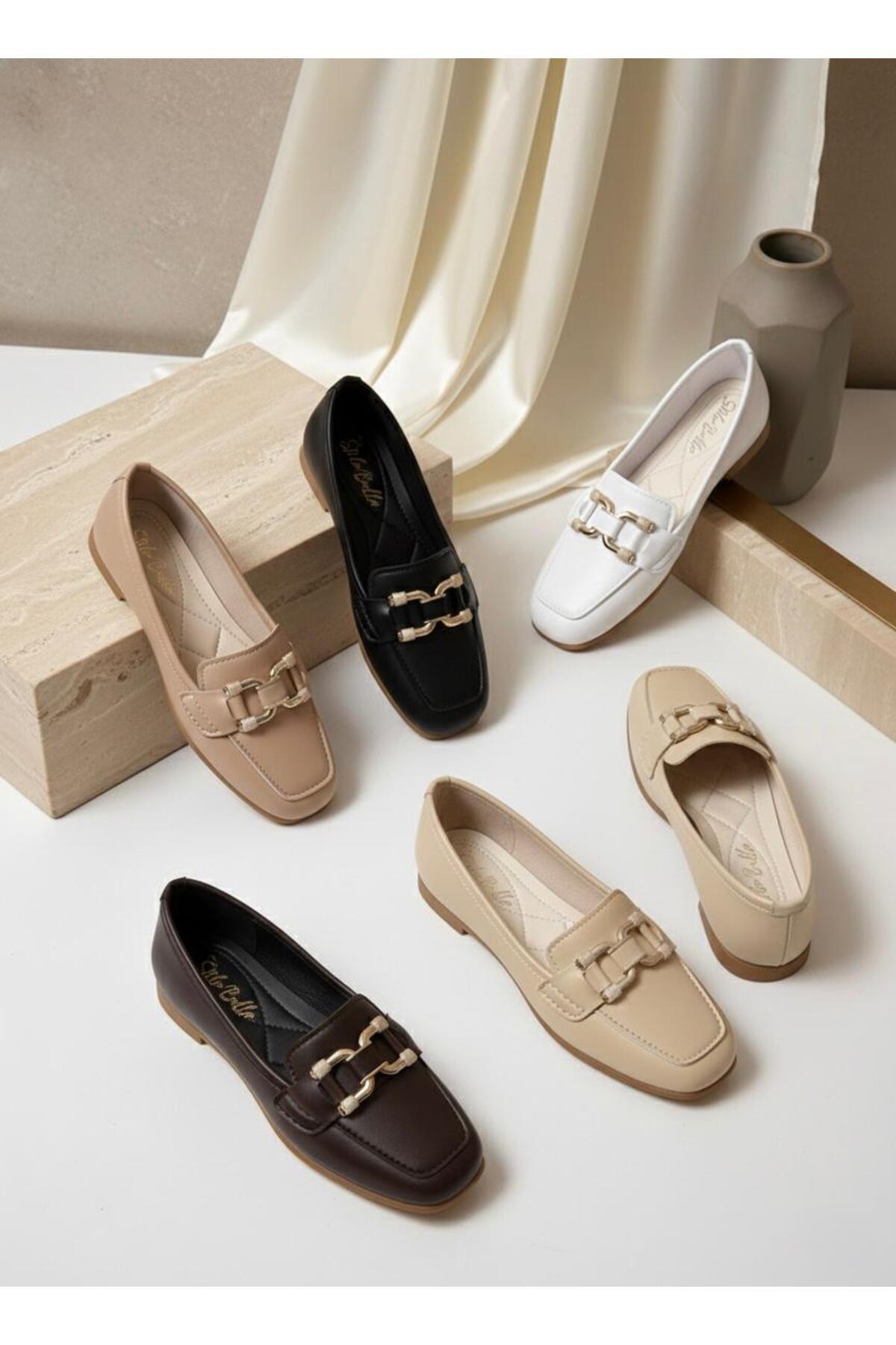 STOCON  Kadın Loafer Babet Gold Tokalı Günlük Rahat Ofis Ayakkabısı Kaymaz Taban Şık Klasik STC1252 - Görsel 3