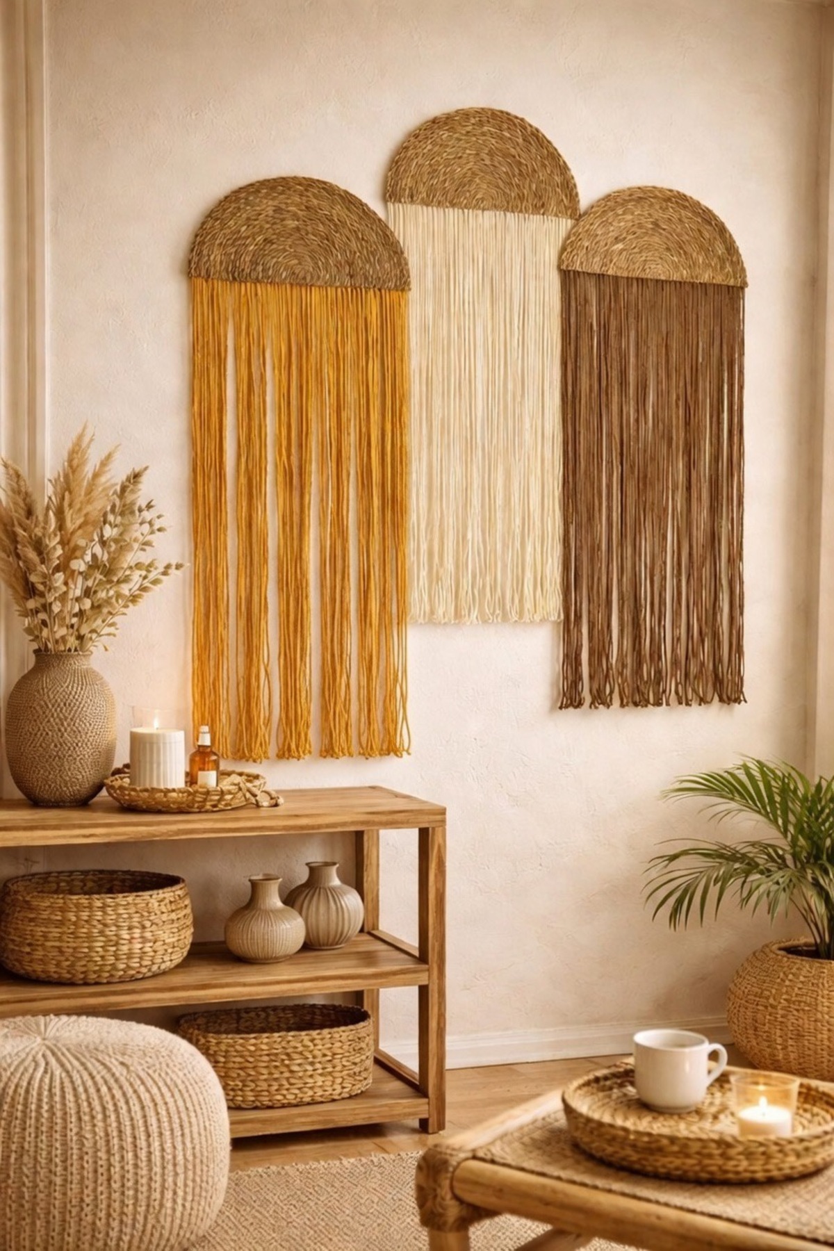 3-Piece Bohemian Macrame Wall Decor - Handcrafted Modern Wall Accessory - 35x75 cm Mustard-Ecru-Coffee