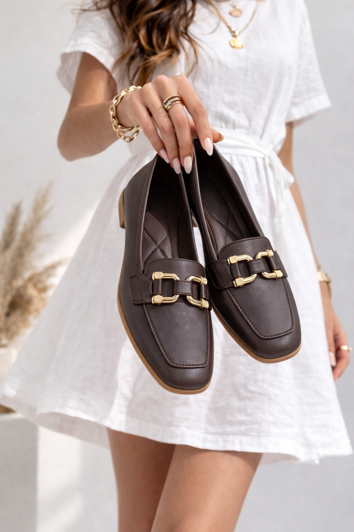 STOCON  Kadın Loafer Babet Gold Tokalı Günlük Rahat Ofis Ayakkabısı Kaymaz Taban Şık Klasik STC1252