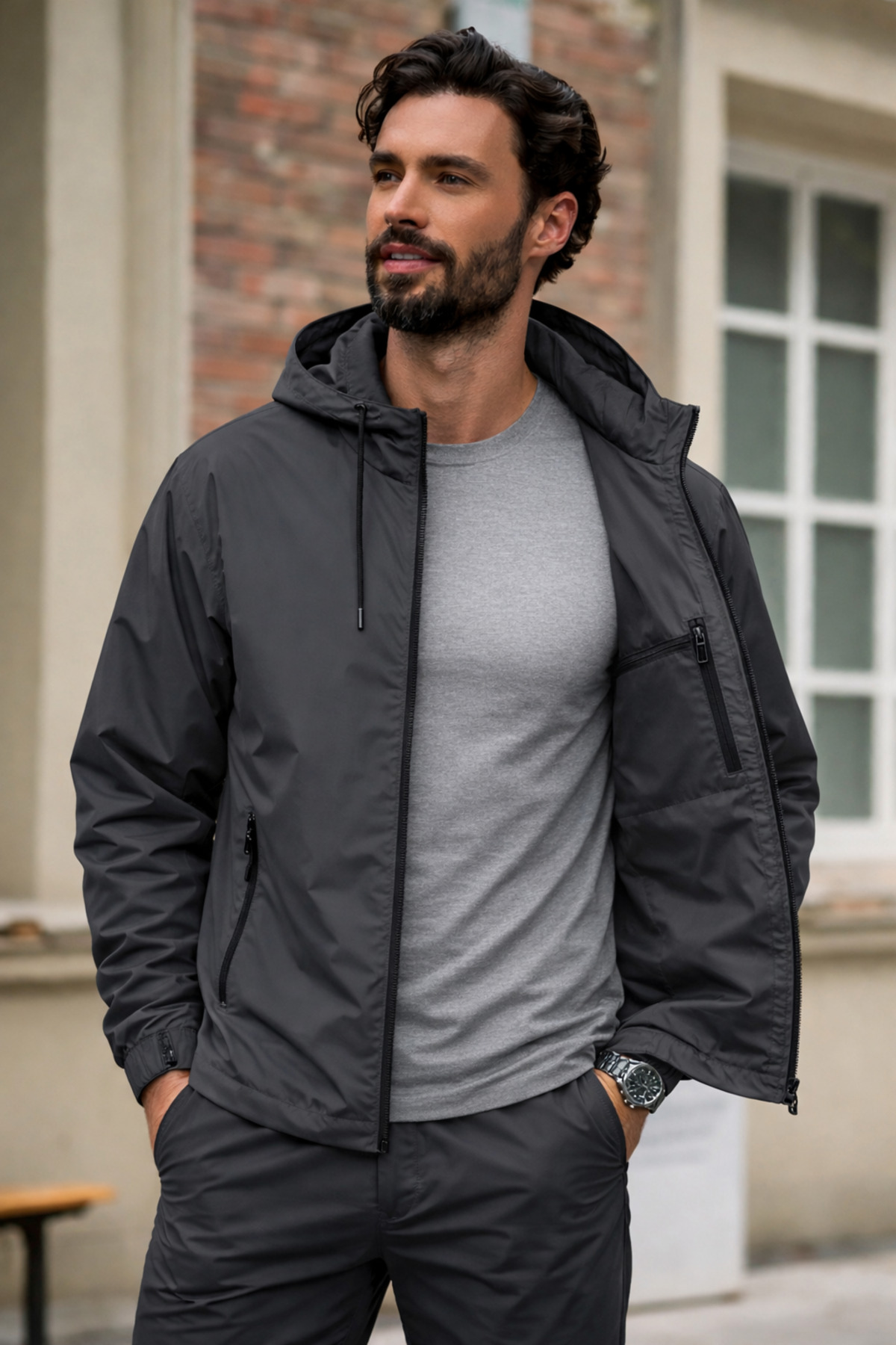 DAMGA JEANS Erkek Trend Füme Fermuarlı Yağmurluk görsel 2