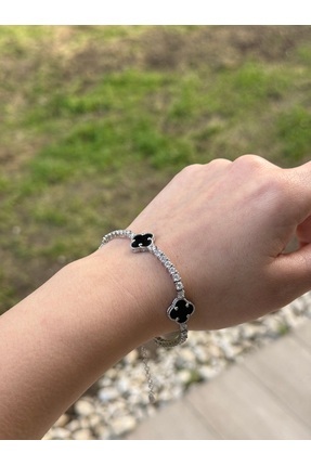 Amora Perla Jewelry 925 Ayar Gümüş 3’lü Yonca Model Su Yolu Bileklik – Siyah ...