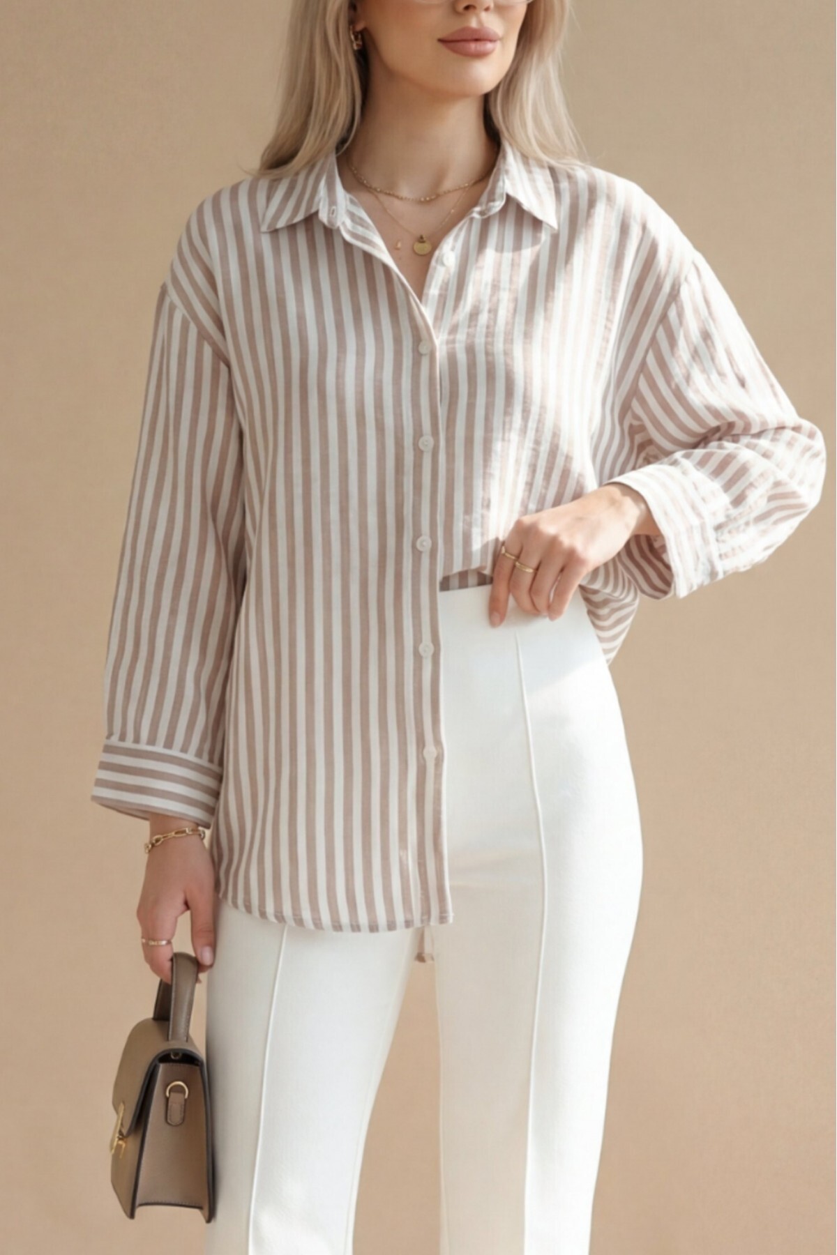 MissRunin  Boydan Düğmeli çizgili Keten Gömlek