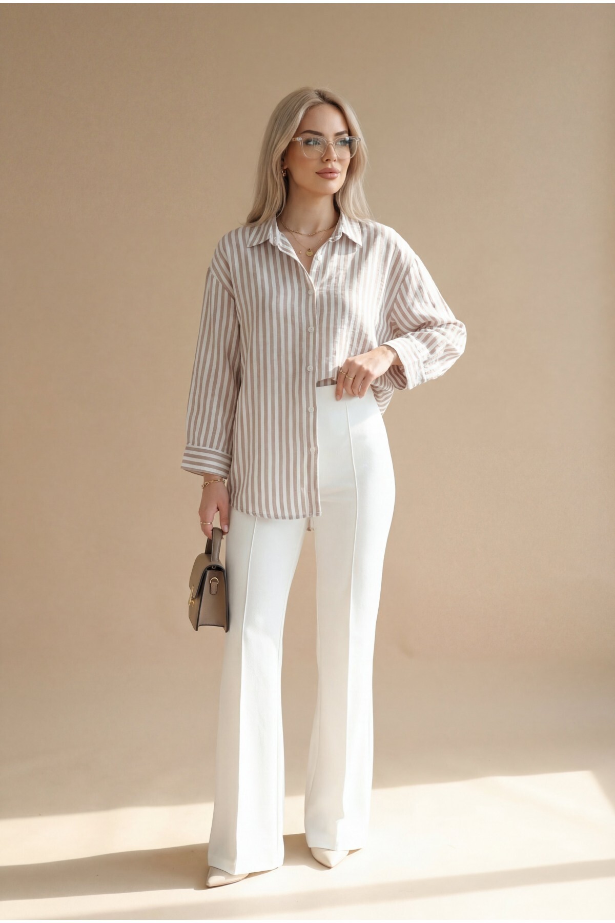 MissRunin  Boydan Düğmeli çizgili Keten Gömlek - Görsel 2