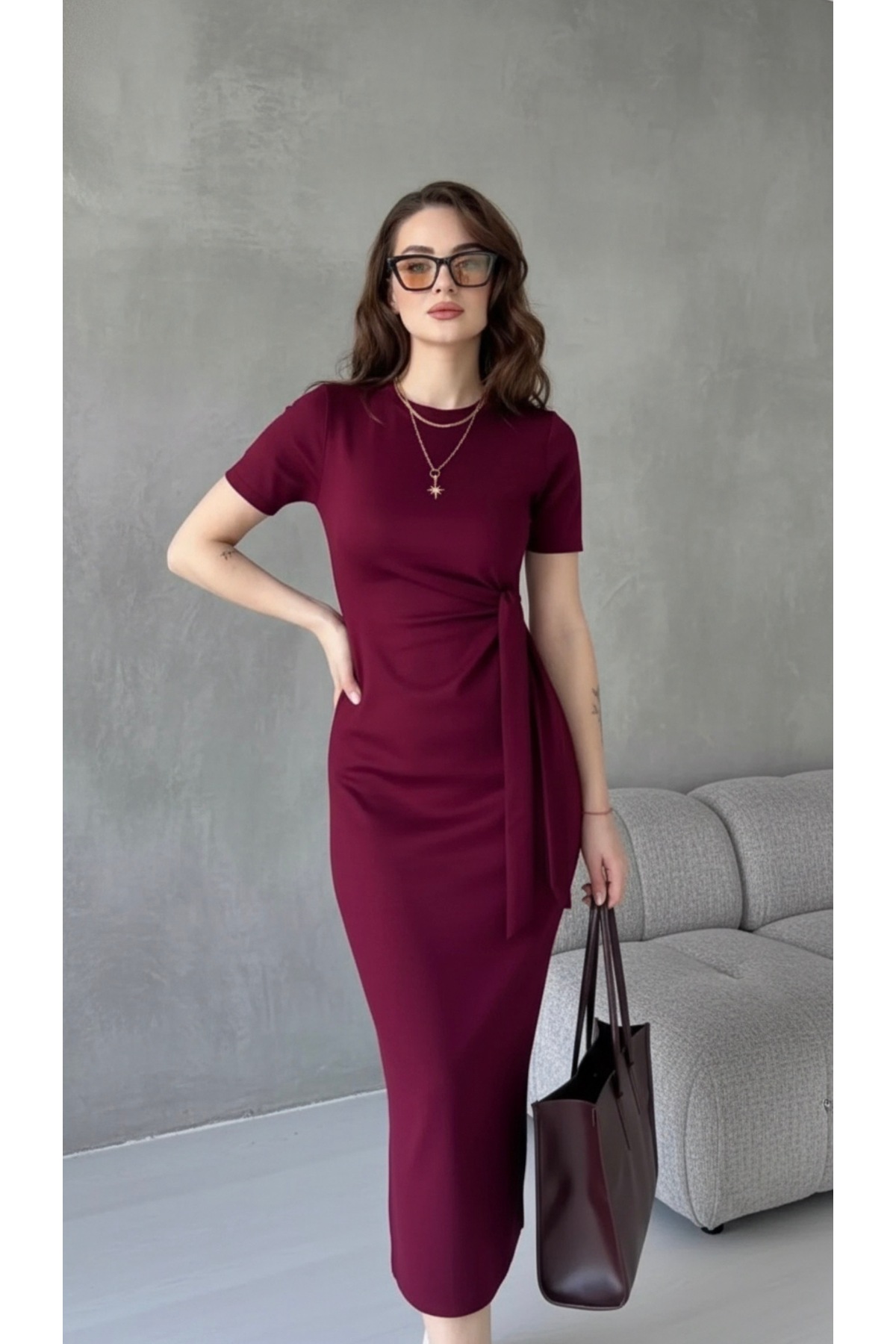 MODAF  Kadın yandan bağlamalı yırtmaç detaylı elbise