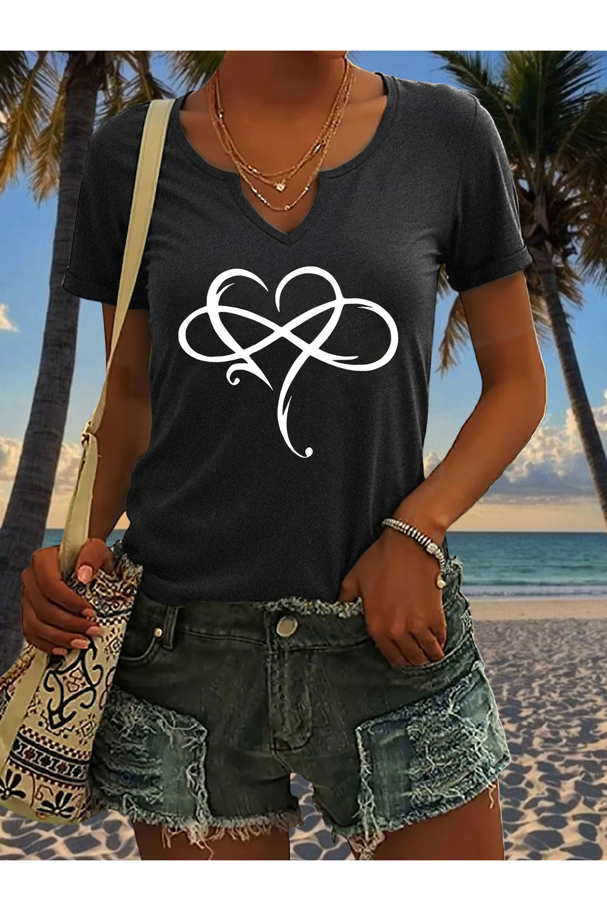 Half V-Neck Floral Heart Printed Full Fit Regular Fit T-shirt