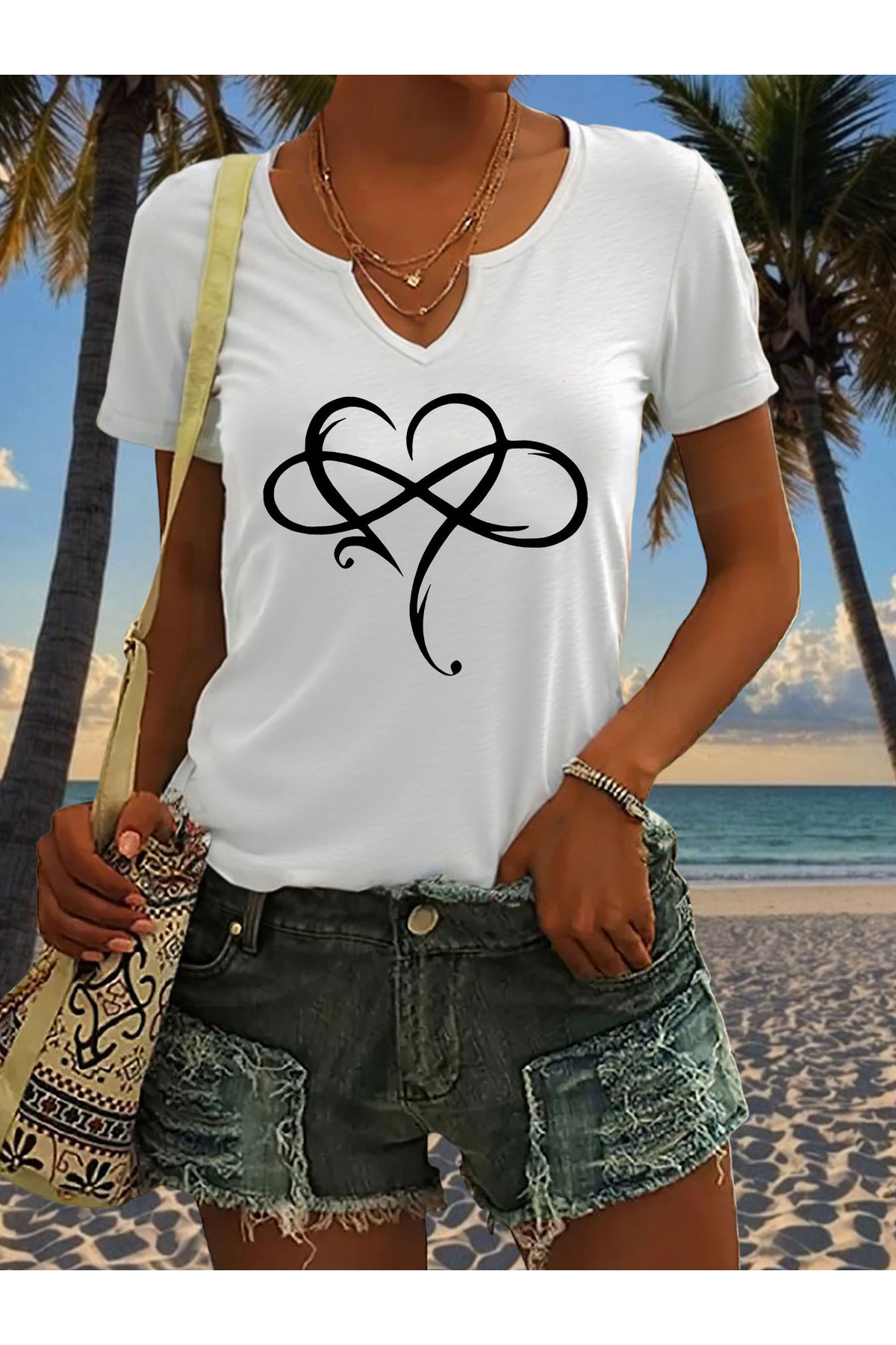 Half V-Neck Floral Heart Printed Full Fit Regular Fit T-shirt