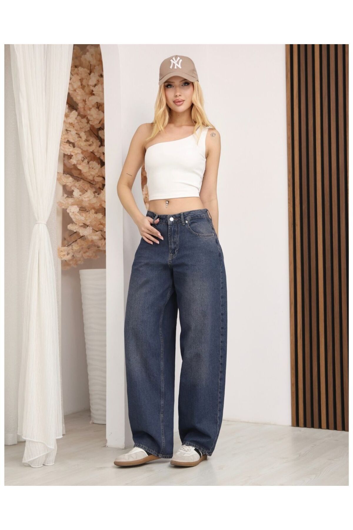 Kadın Lacivert Düşük Bel Geniş Paça Baggy Jean Pantolon Skater Model Bol Kalıp Likrasız Denim