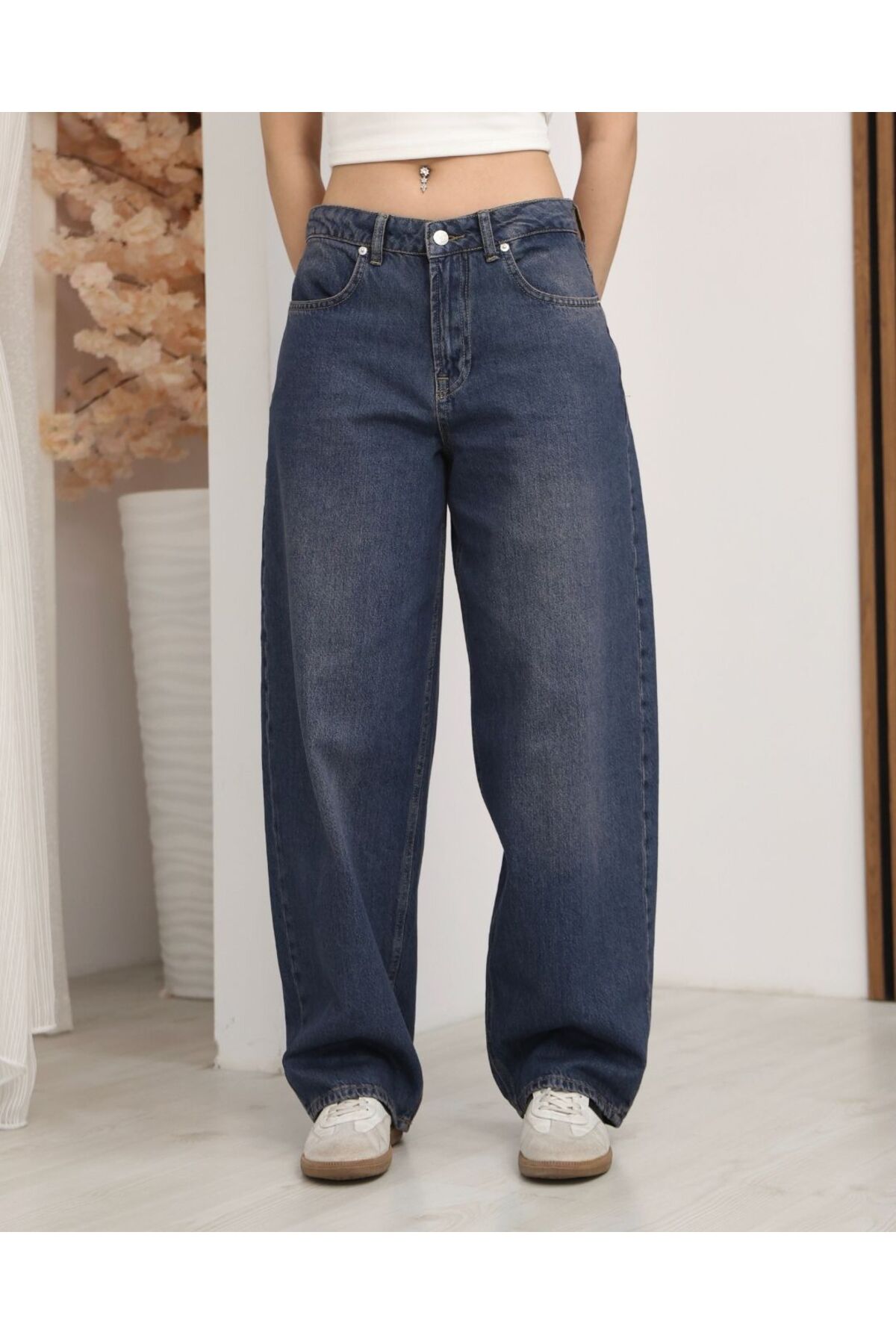 Kadın Lacivert Düşük Bel Geniş Paça Baggy Jean Pantolon Skater Model Bol Kalıp Likrasız Denim