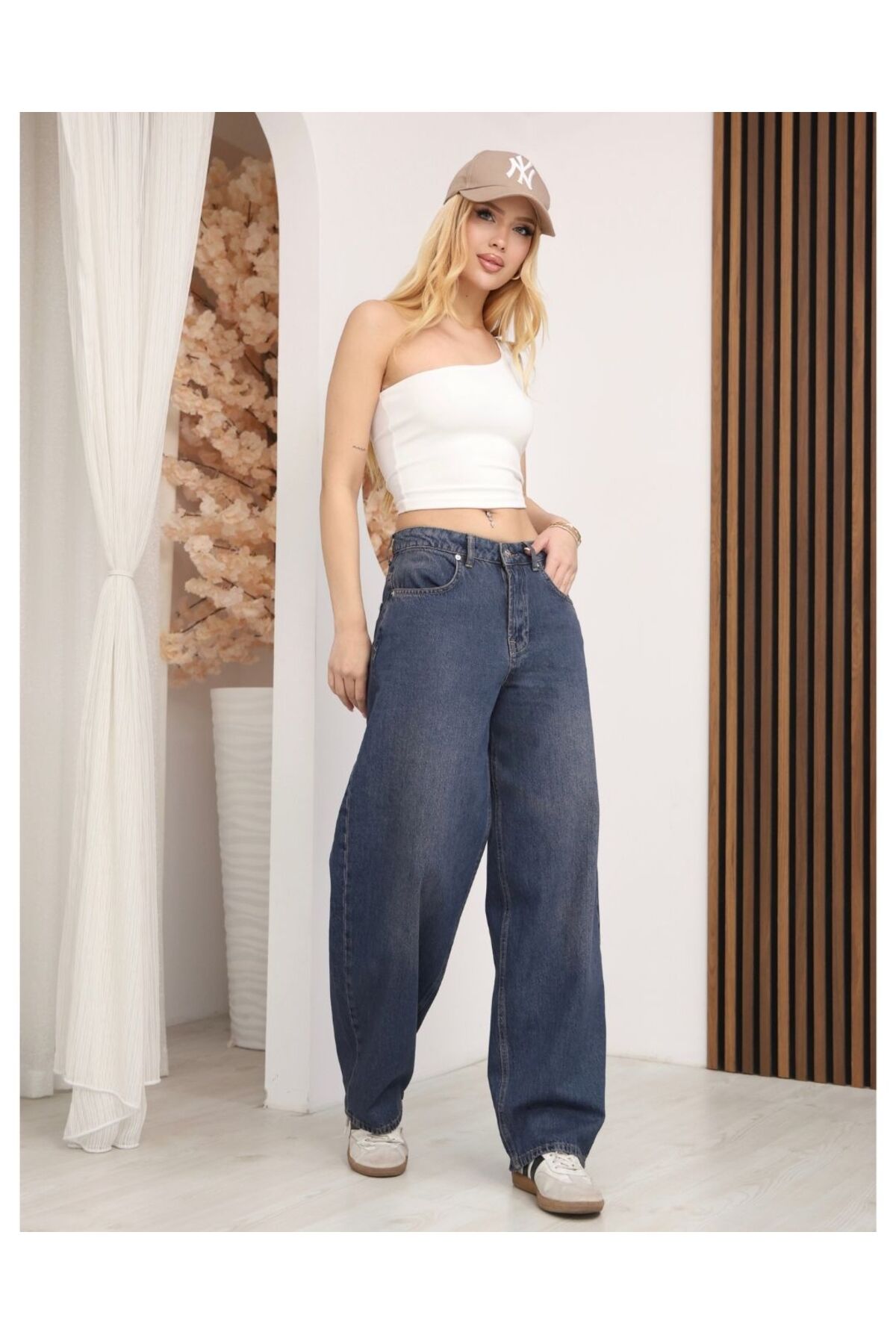 Kadın Lacivert Düşük Bel Geniş Paça Baggy Jean Pantolon Skater Model Bol Kalıp Likrasız Denim