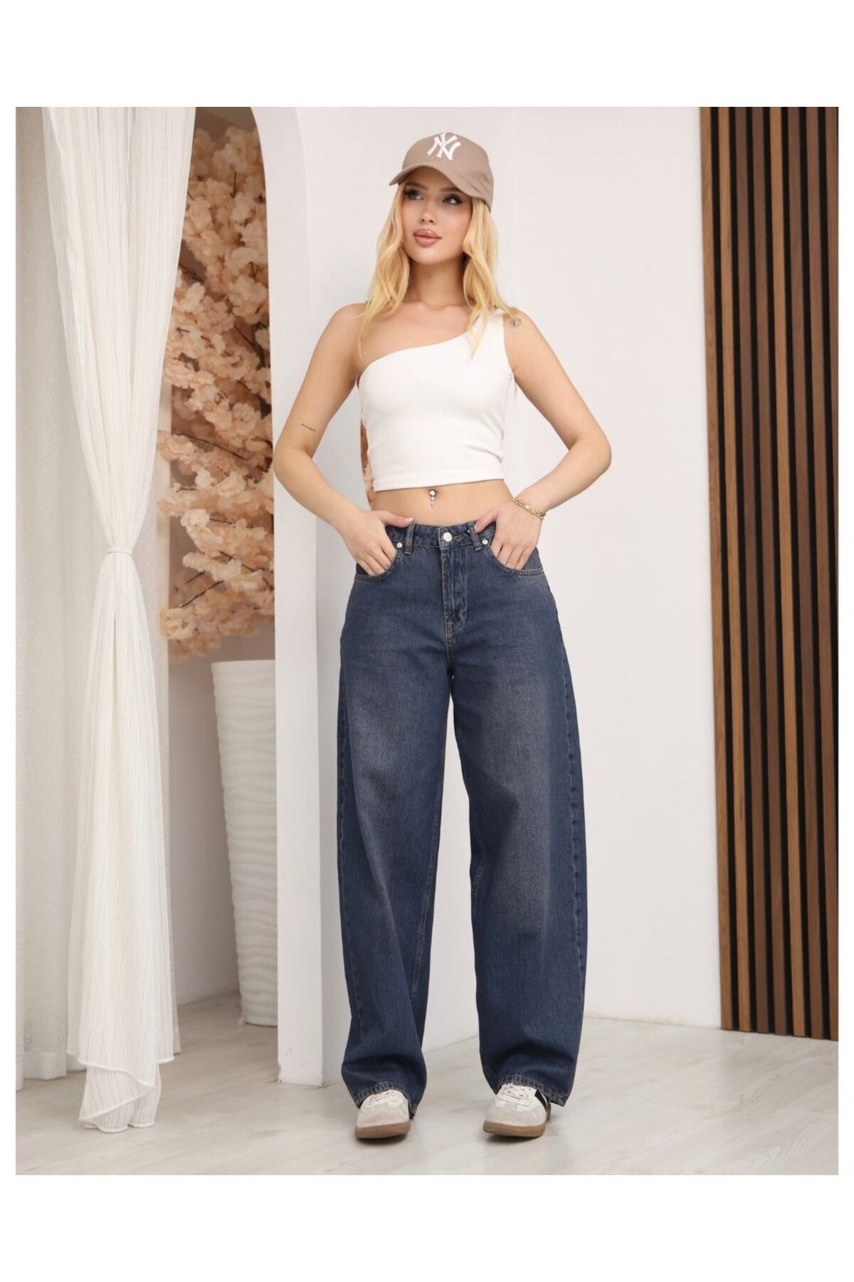 Kadın Lacivert Düşük Bel Geniş Paça Baggy Jean Pantolon Skater Model Bol Kalıp Likrasız Denim