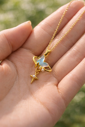 TrendimAksesuar Gold Kaplama Opal Kelebek Çelik Kolye