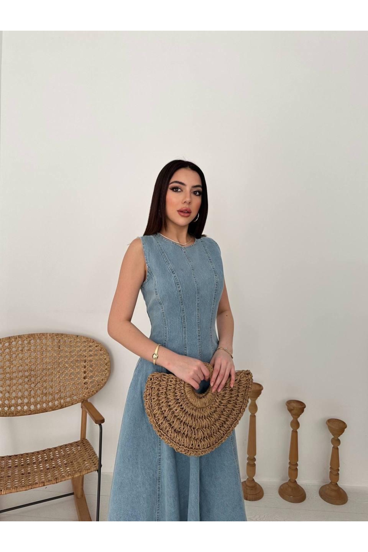 Ekim Store  Kalın Askılı Balon Etek Kot Elbise - Görsel 5