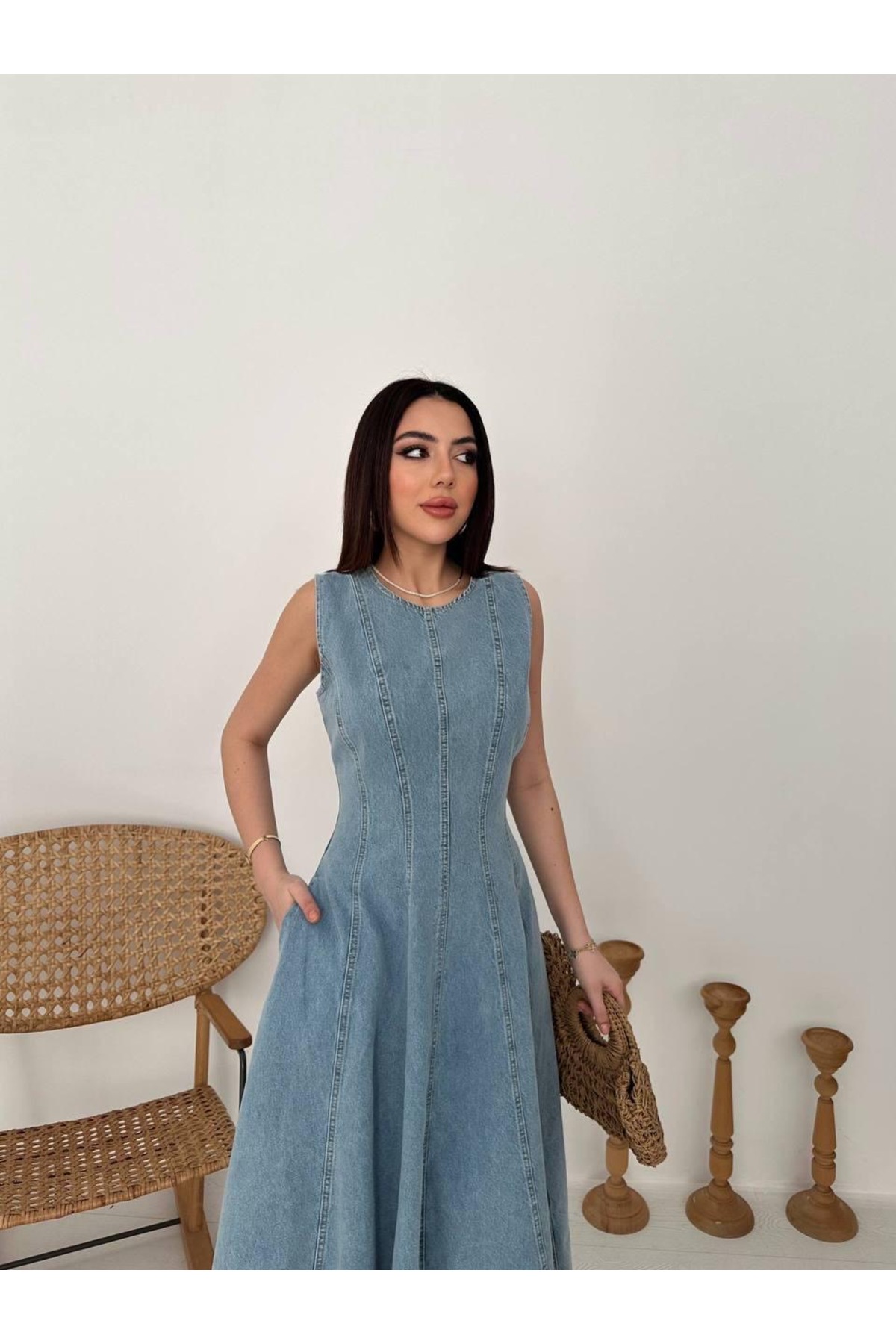 Ekim Store  Kalın Askılı Balon Etek Kot Elbise - Görsel 6