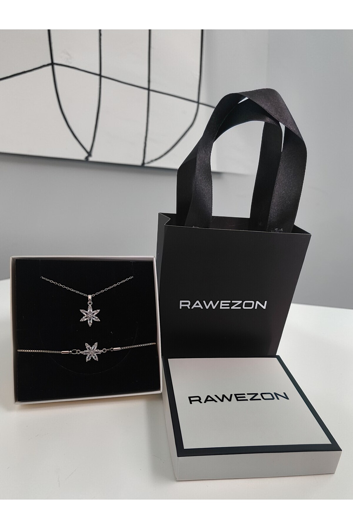 Nerovia Boxed Bag Set- Steel White Lotus Necklace-Bracelet -Valentine Gift Set for Friend Woman