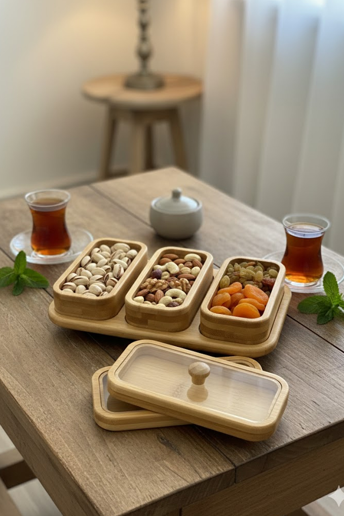 Nuha Home Standlı Bambu Kapaklı DikDörtgen Çerezlik 3'lü Set