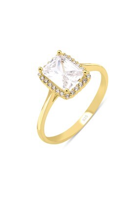 KLAZOJEWELRY 925 Ayar Gümüş 18 Ayar Altın Kaplama Prenses Kesim Beyaz Taşlı Y...