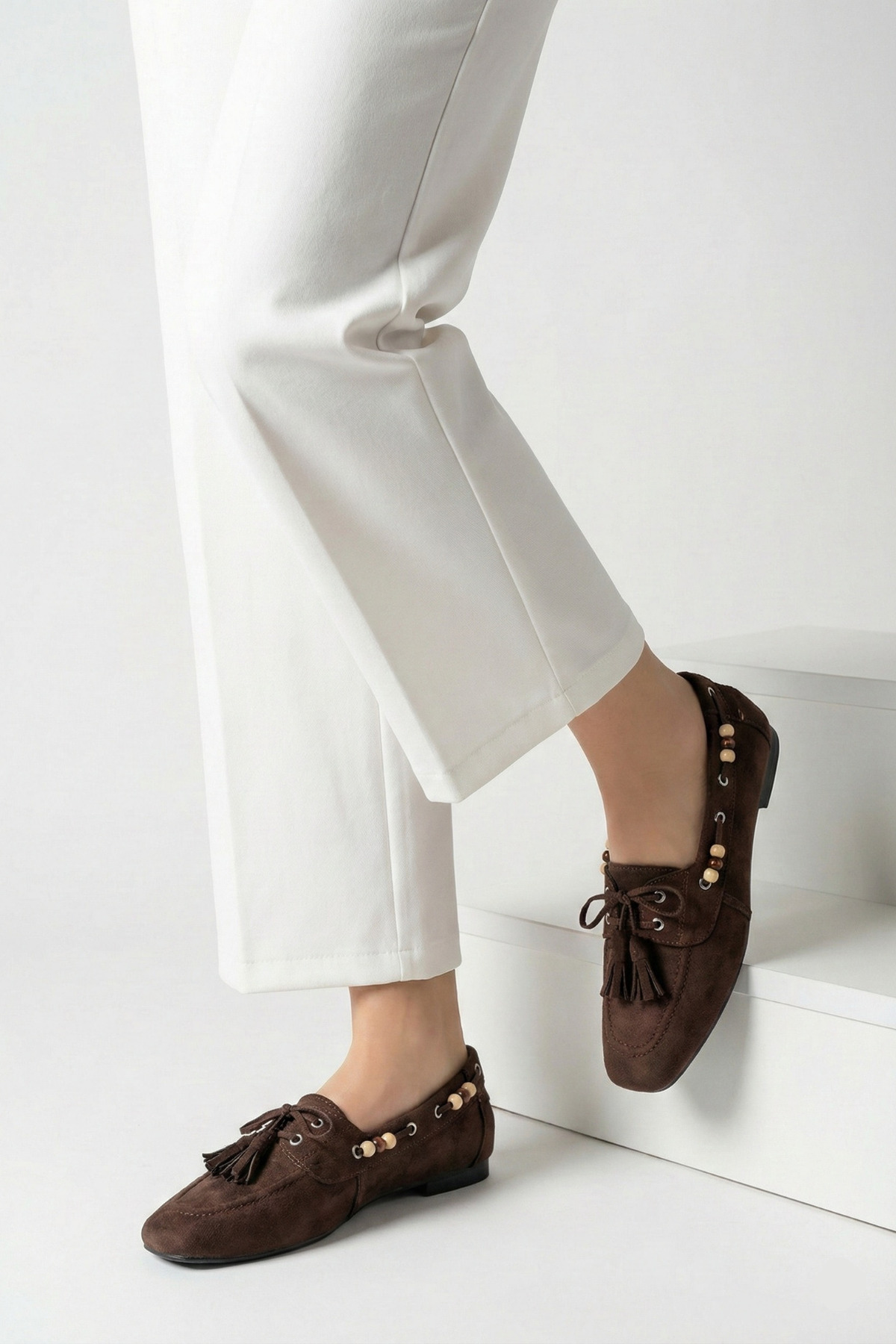 Elvessa  Kadın Acı Kahve Süet Püsküllü Boncuk Detaylı Rahat Taban Makosen Loafer Babet - Görsel 7