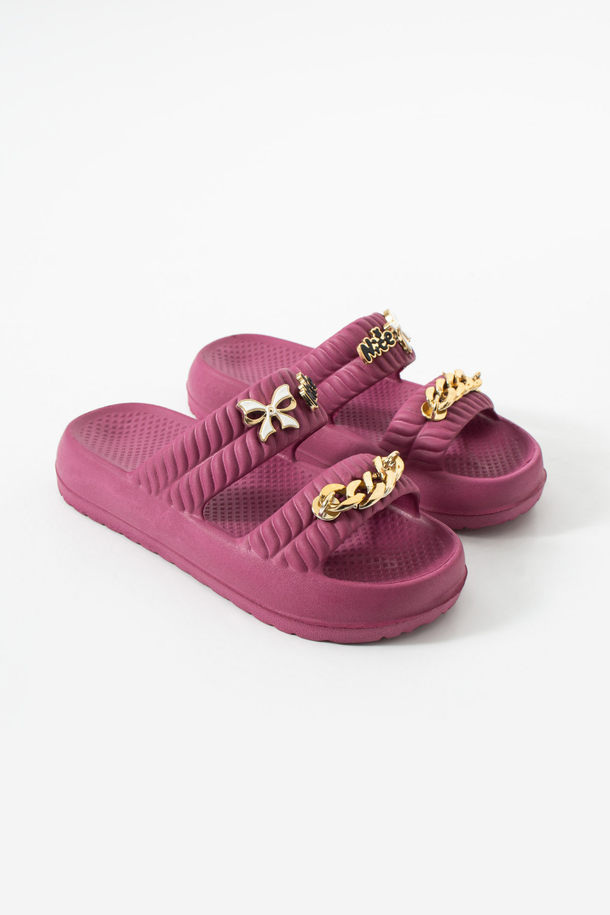 Women's Lightweight Eva Double Band High Sole Beach & Casual Summer Slippers with Chain & Flower Accessories