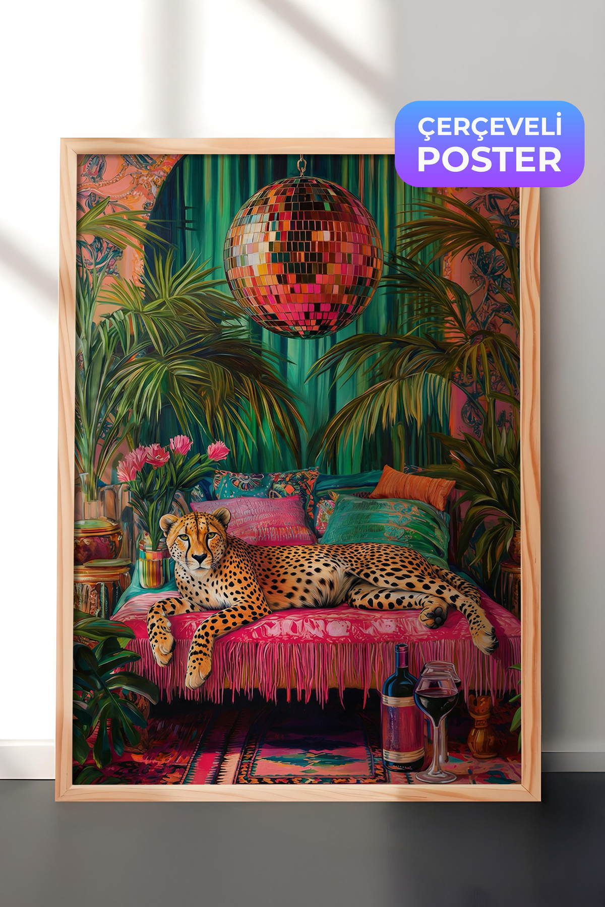 Wooden Framed Wall Table Leopard Lounge Decor Resting in Exotic Tropical Atmosphere