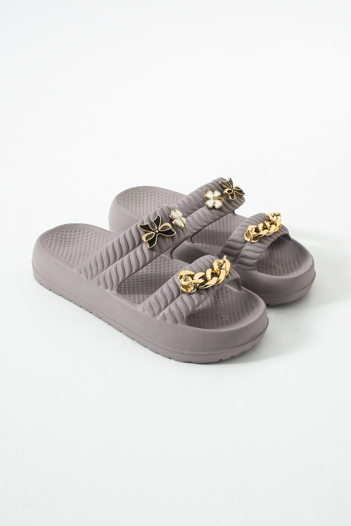 Women's Lightweight Eva Double Band High Sole Beach & Casual Summer Slippers with Chain & Flower Accessories