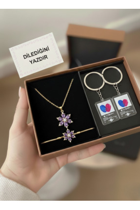 Ervalina Parmak İzi Sevgili Anahtarlık ve Lotus Kolye ve Bileklik Set (KİŞİYE...