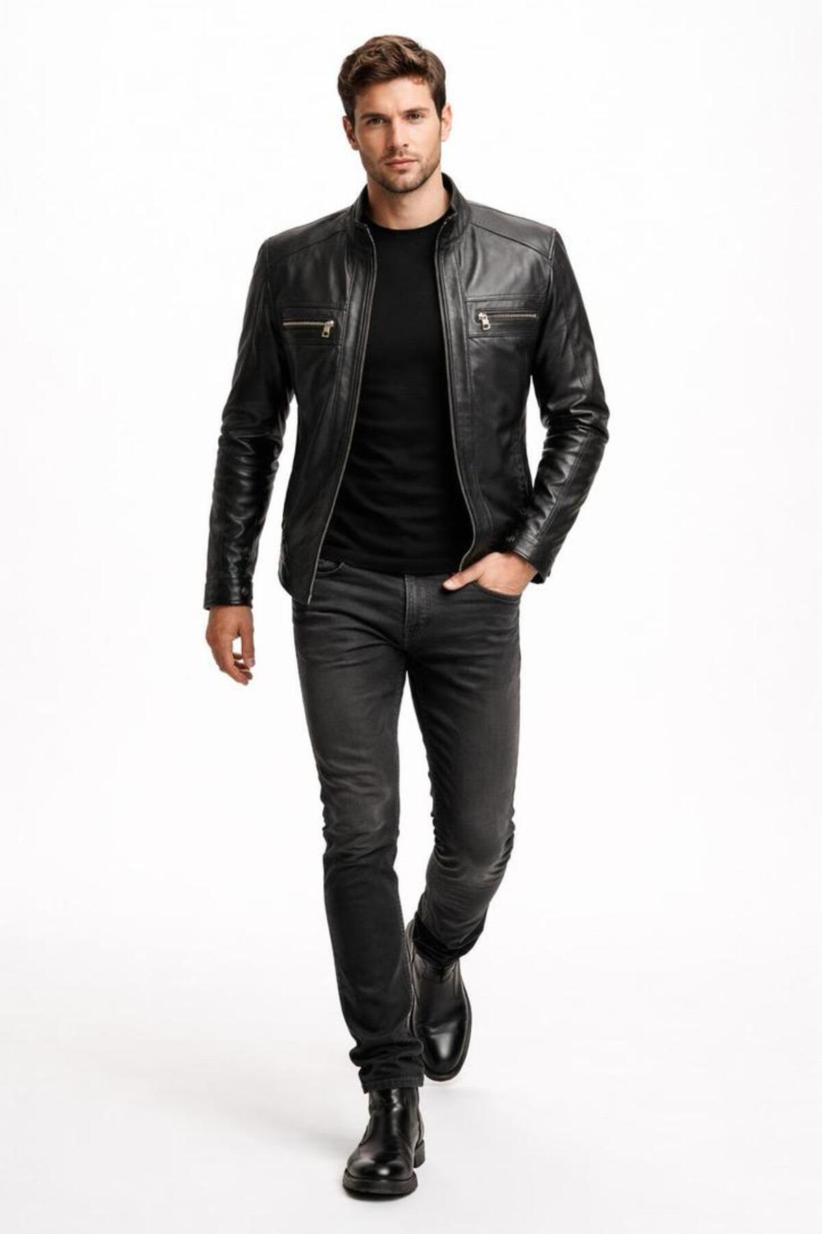 VELZANA  Hakiki Kuzu Derisi Erkek Deri Ceket Biker Racer Fermuarlı Siyah Deri Mont - Görsel 7