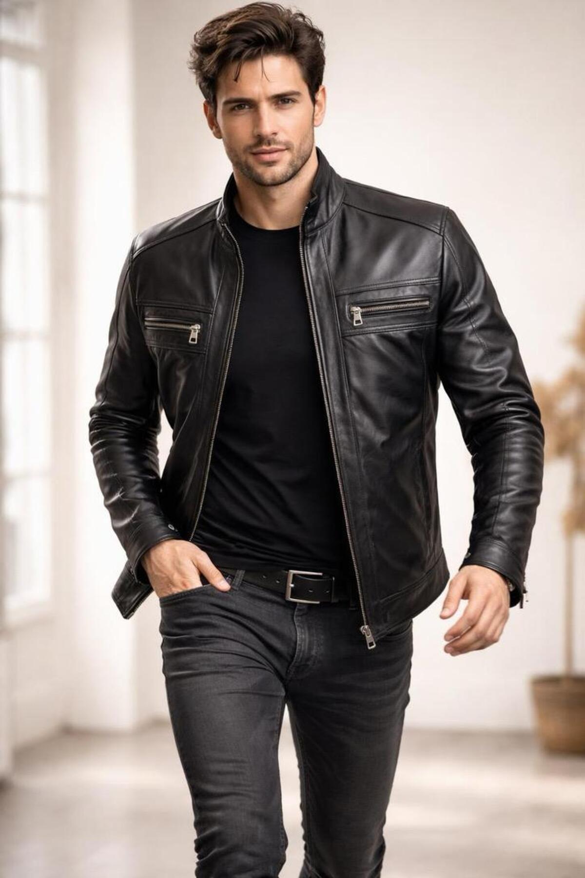 VELZANA  Hakiki Kuzu Derisi Erkek Deri Ceket Biker Racer Fermuarlı Siyah Deri Mont - Görsel 4