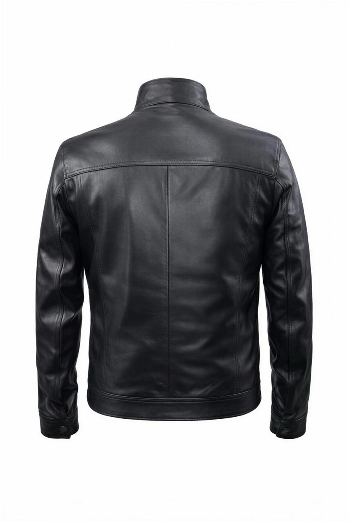 VELZANA  Hakiki Kuzu Derisi Erkek Deri Ceket Biker Racer Fermuarlı Siyah Deri Mont - Görsel 2