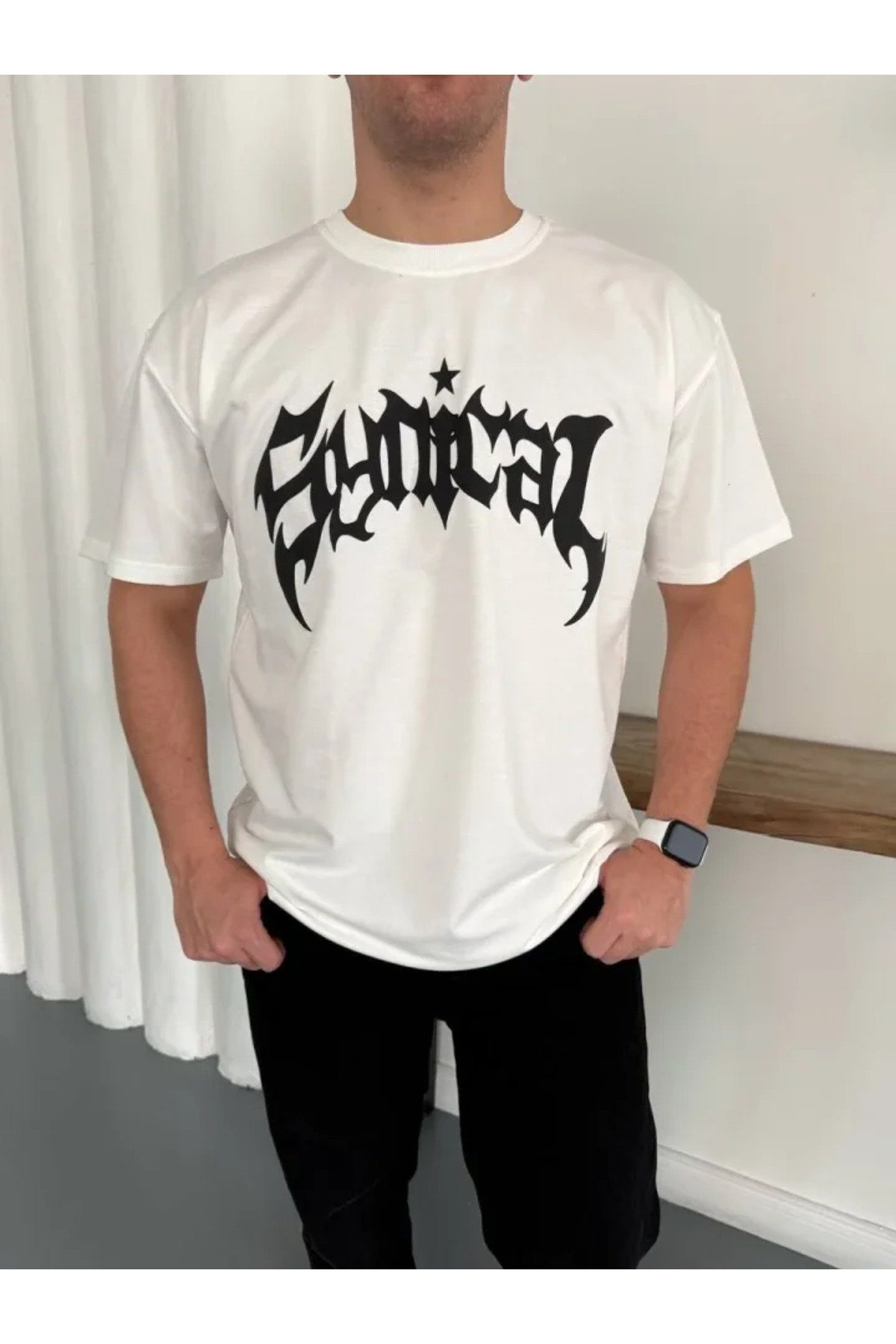 Erkek Bisiklet Yaka Ön Baskılı Kısa Kollu Tişört Streetwear Günlük Basic Pamuklu T-shir