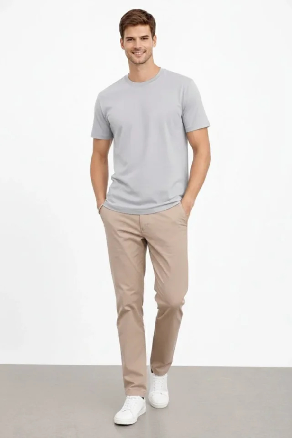 Erkek Bisiklet Yaka Tişört Regular Kalıp Basic Pamuklu Günlük Kullanım T-shirt - Gri