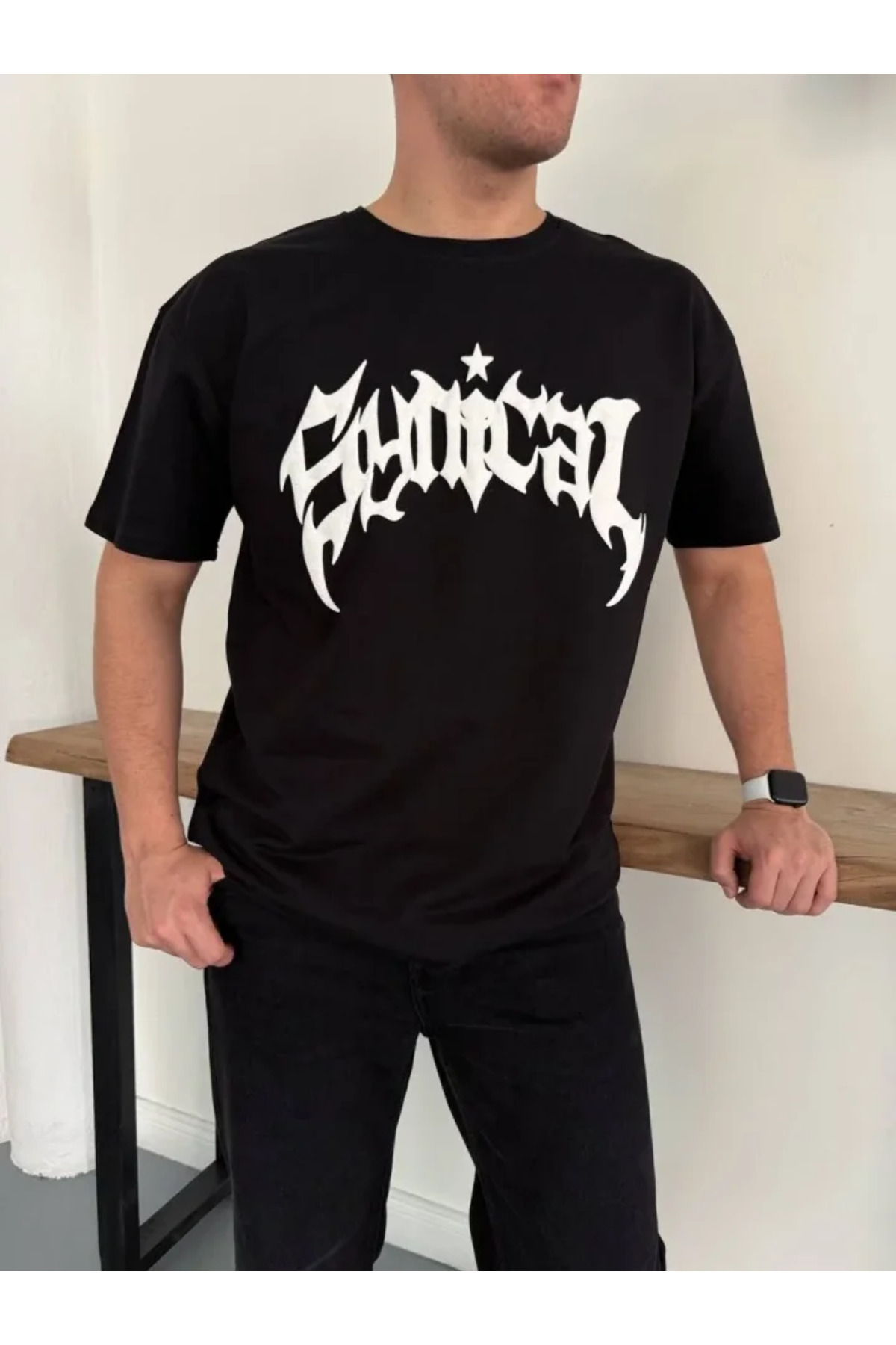Erkek Bisiklet Yaka Ön Baskılı Kısa Kollu Tişört Streetwear Günlük Basic Pamuklu T-shi