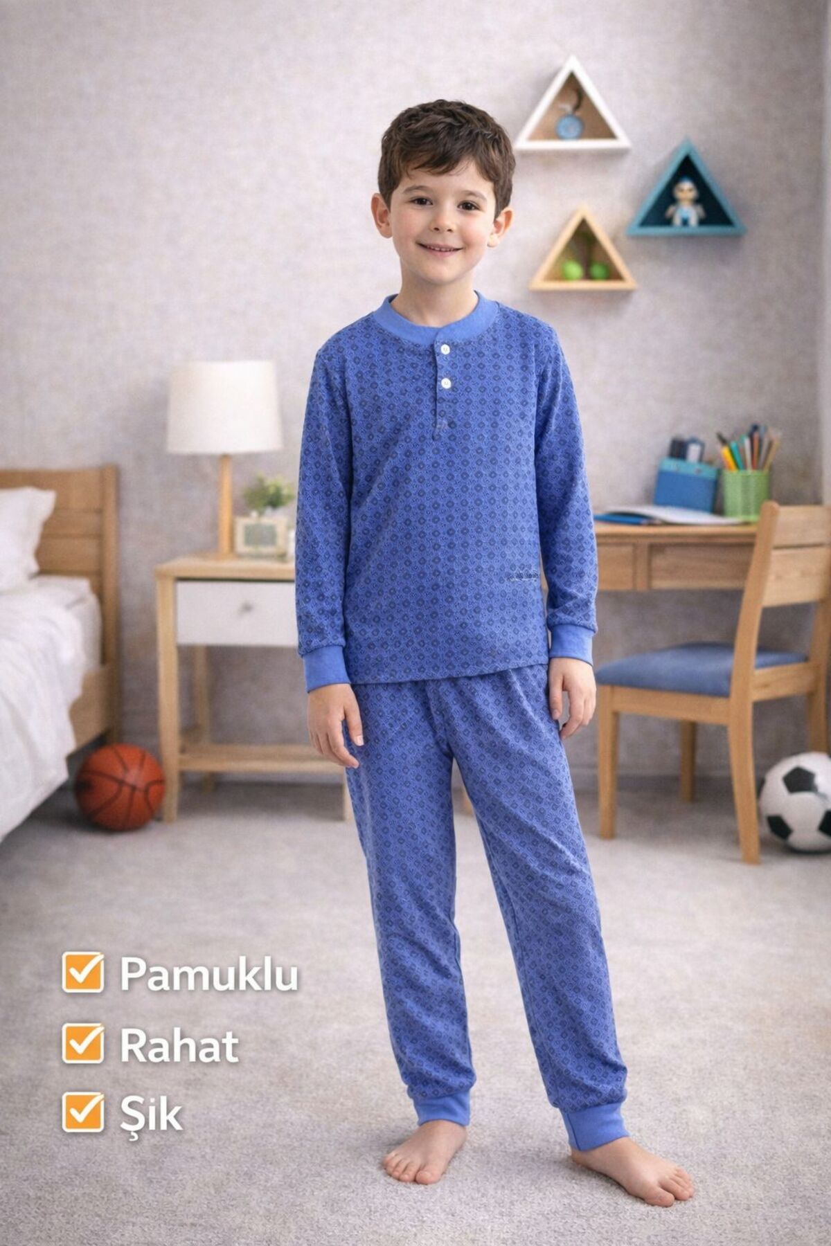 DİAMOND OUTLET Erkek Çocuk Pamuklu Pijama Takımı 5-14 Yaş – Uzun Kollu Rahat Uyku Seti fotoğrafı 2 (önizleme)