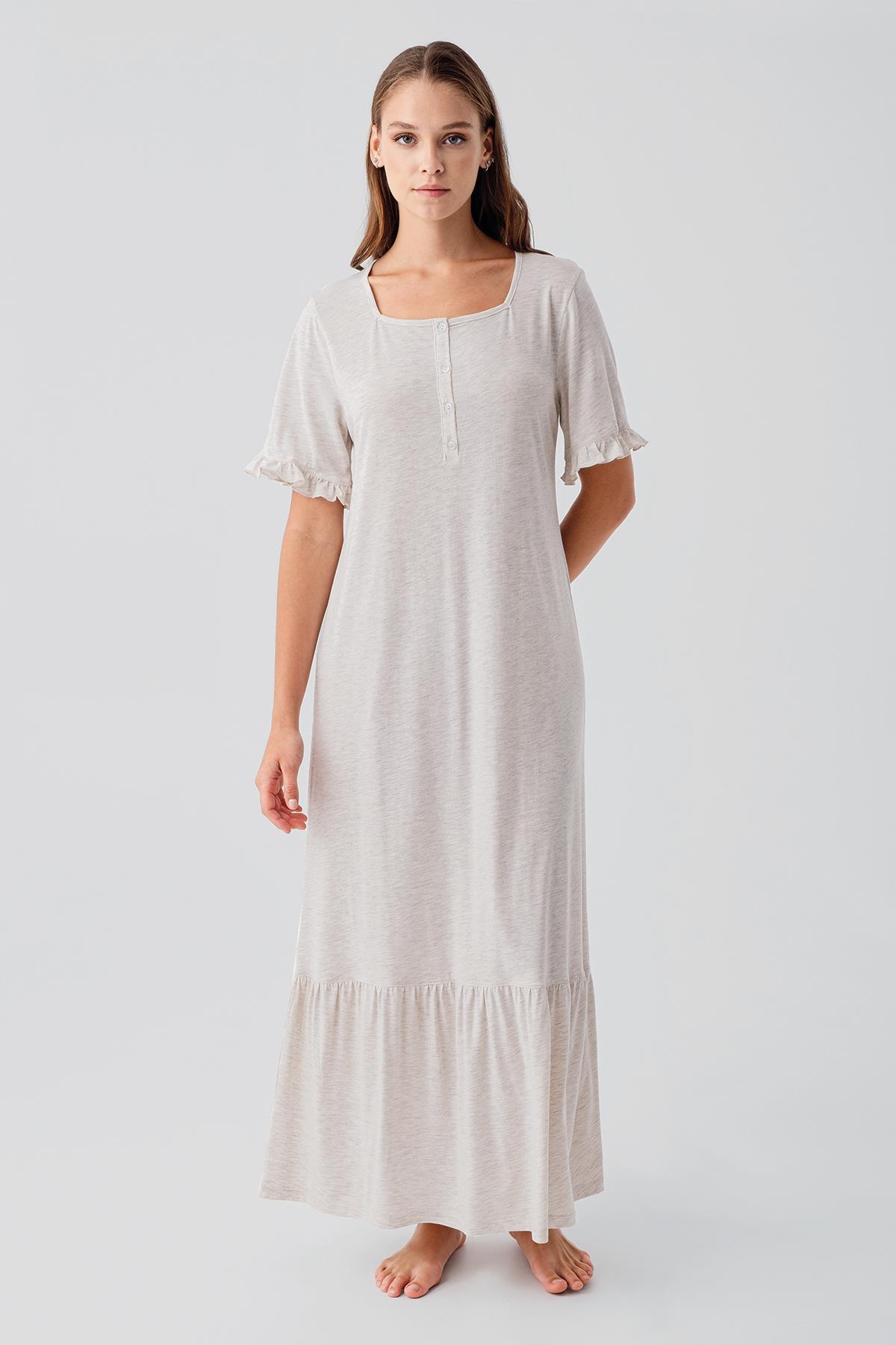 Artış Kısa Kollu Düğmeli Fırfırlı Pamuklu Uzun Gecelik