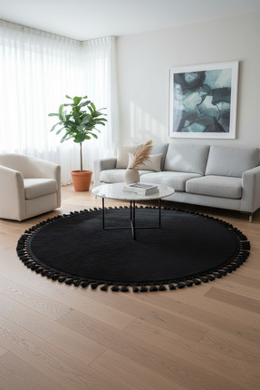 WOOF HOME Comfort Yuvarlak Ponpon Saçaklı Peluş Halı(Yatak Odası- Çocuk Odası...