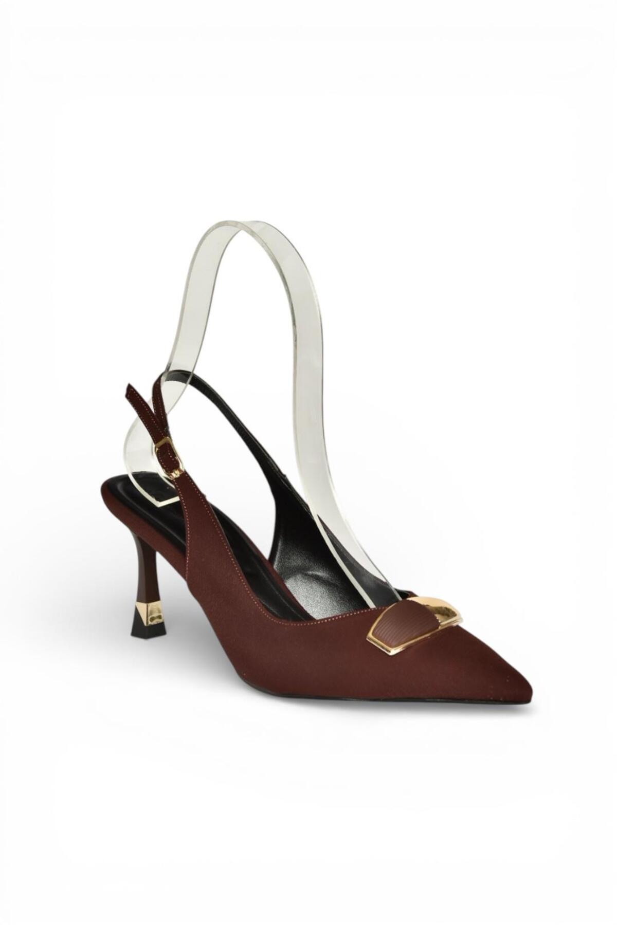 Fox Shoes Y308203804 Kahverengi Kumaş İnce Topuklu Kadın Ayakkabı