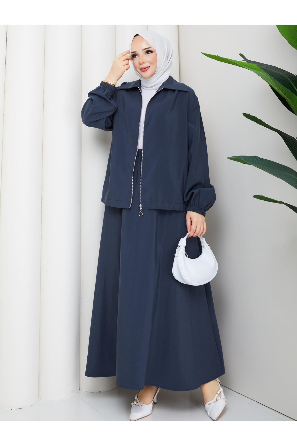 Zippered Bomber Jacket & Skirt Hijab Set RC9025