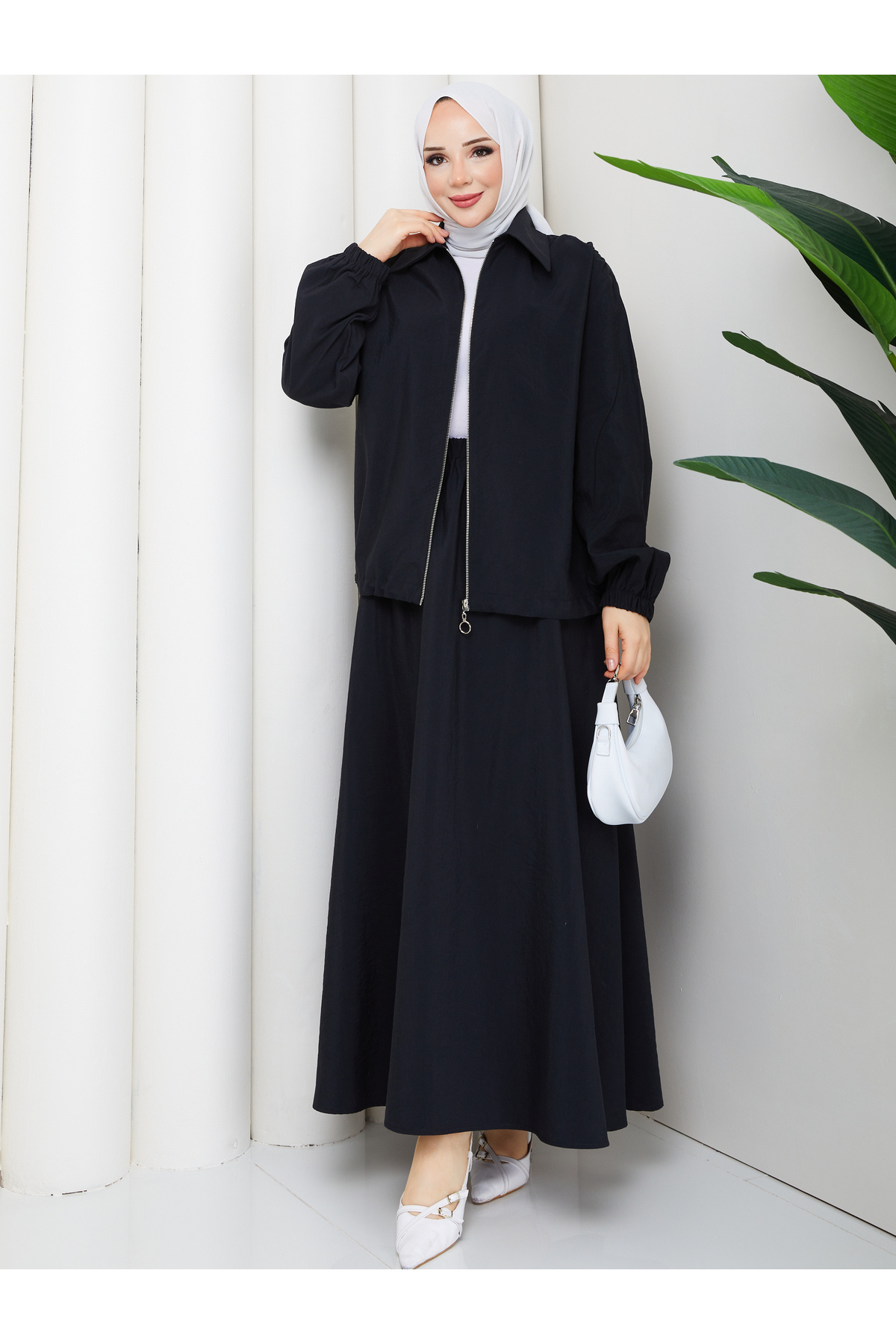 Zippered Bomber Jacket & Skirt Hijab Set RC9025